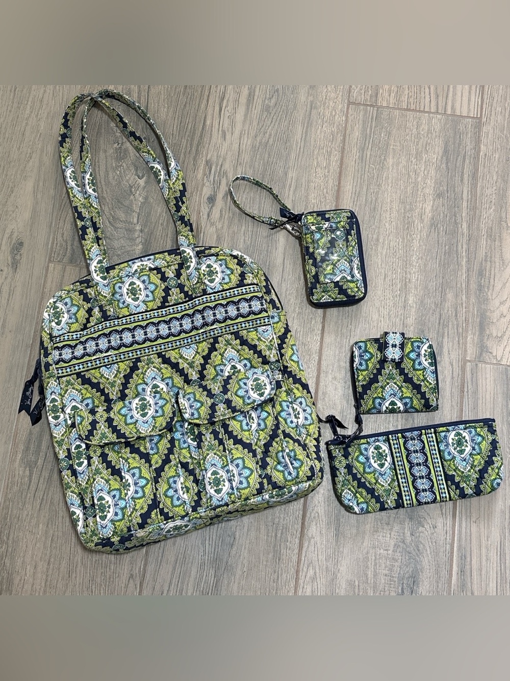 Vera Bradley Retired Cambridge Print Quilted Tote Bag Lot of 4 Navy & Green